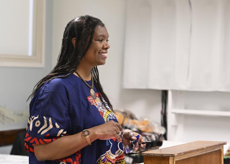 Arana Pettyjohn of Cape Henlopen Senior Center welcomes everyone to the celebration.